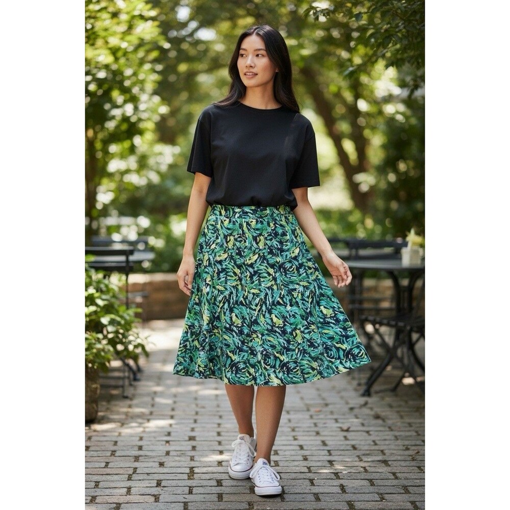 R.Q.T Women’s Abstract A-linen Green Blue Midi Skirt Size M Casual Modest